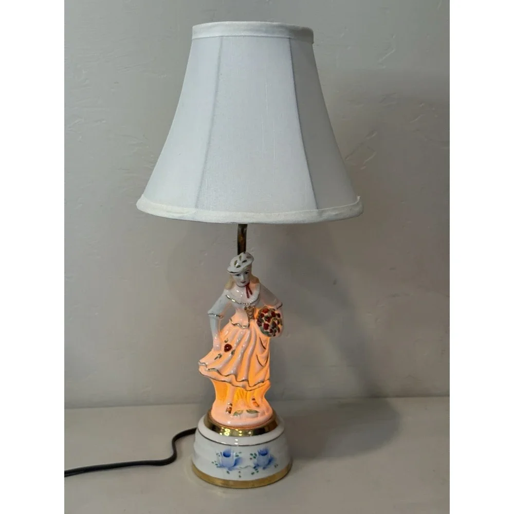 Vintage Porcelain Lady Nightlight Table Lamp Retro Boudoir Light Gold Trim